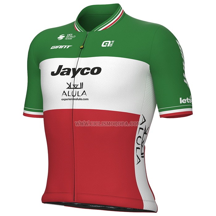 2023 Ropa Ciclismo Jayco Alula Italia Campeon Verde Blanco Rojo Mangas Cortas y Culotte Corto